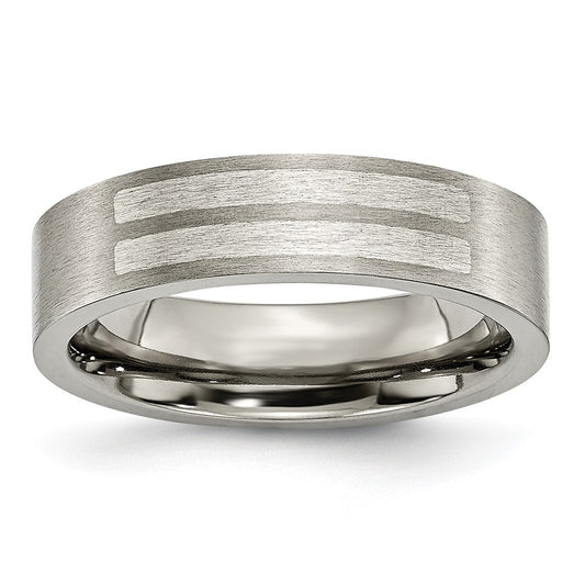 Titanium/Silver Two Tone Titanium Brushed Sterling Silver Inlay 6mm Flat Band