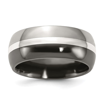 Titanium/Silver Two Tone Titanium Black Ti With Sterling Silver Inlay 9mm Polished Band