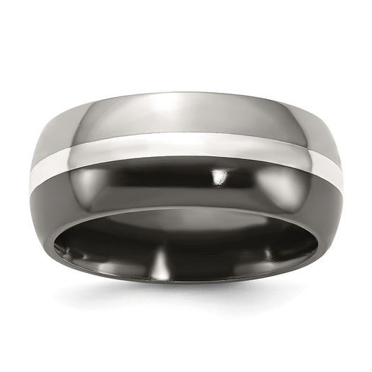 Titanium/Silver Two Tone Titanium Black Ti With Sterling Silver Inlay 9mm Polished Band