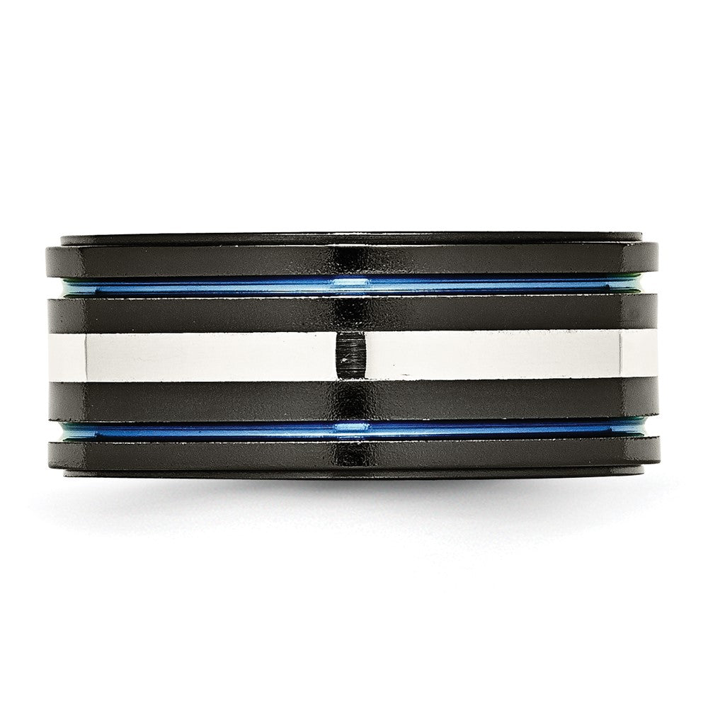 Titanium/Silver Two Tone Titanium Black Ti With/Sterling Silver Inlay Blue Anodized 10mm Band