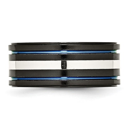 Titanium/Silver Two Tone Titanium Black Ti With/Sterling Silver Inlay Blue Anodized 10mm Band