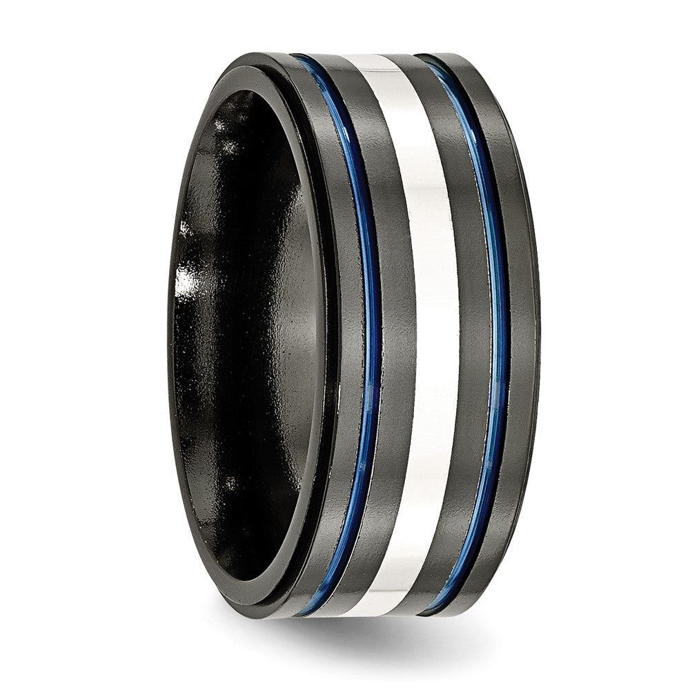 Titanium/Silver Two Tone Titanium Black Ti With/Sterling Silver Inlay Blue Anodized 10mm Band