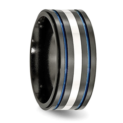 Titanium/Silver Two Tone Titanium Black Ti With/Sterling Silver Inlay Blue Anodized 10mm Band