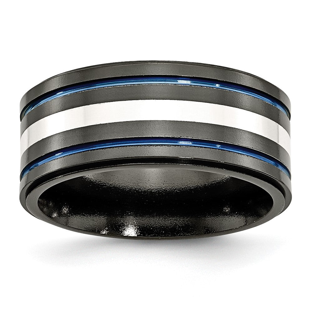 Titanium/Silver Two Tone Titanium Black Ti With/Sterling Silver Inlay Blue Anodized 10mm Band