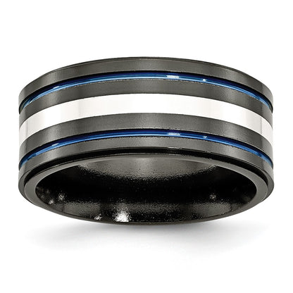Titanium/Silver Two Tone Titanium Black Ti With/Sterling Silver Inlay Blue Anodized 10mm Band