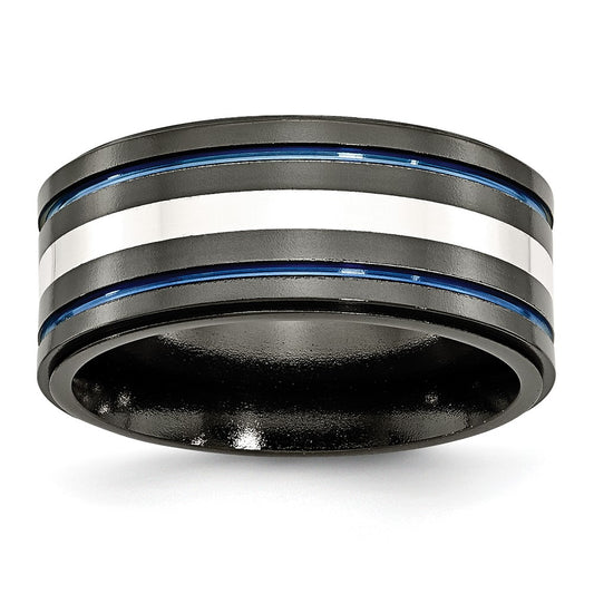 Titanium/Silver Two Tone Titanium Black Ti With/Sterling Silver Inlay Blue Anodized 10mm Band