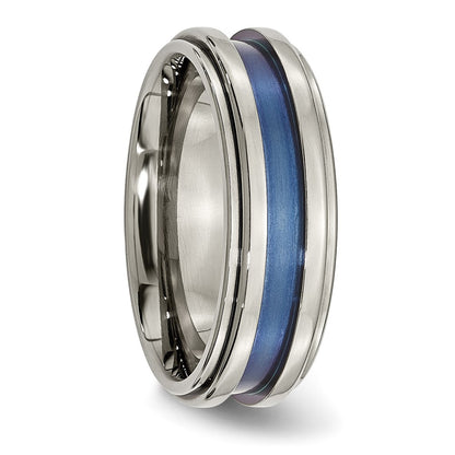 Titanium With Blue Triple Groove 8mm Polished Band