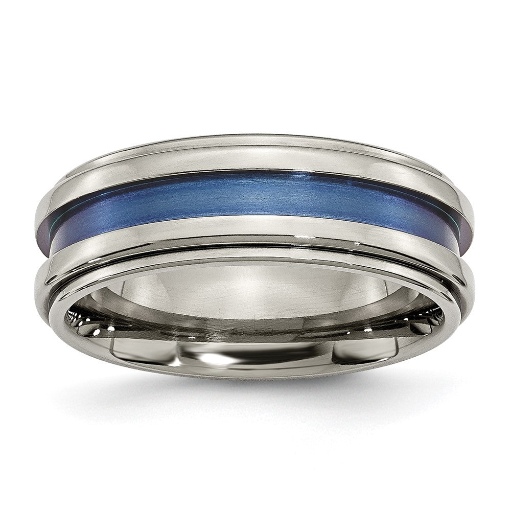 Titanium With Blue Triple Groove 8mm Polished Band