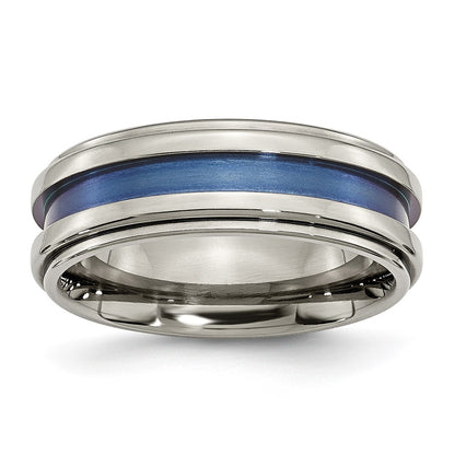 Titanium With Blue Triple Groove 8mm Polished Band