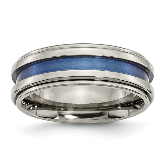 Titanium With Blue Triple Groove 8mm Polished Band