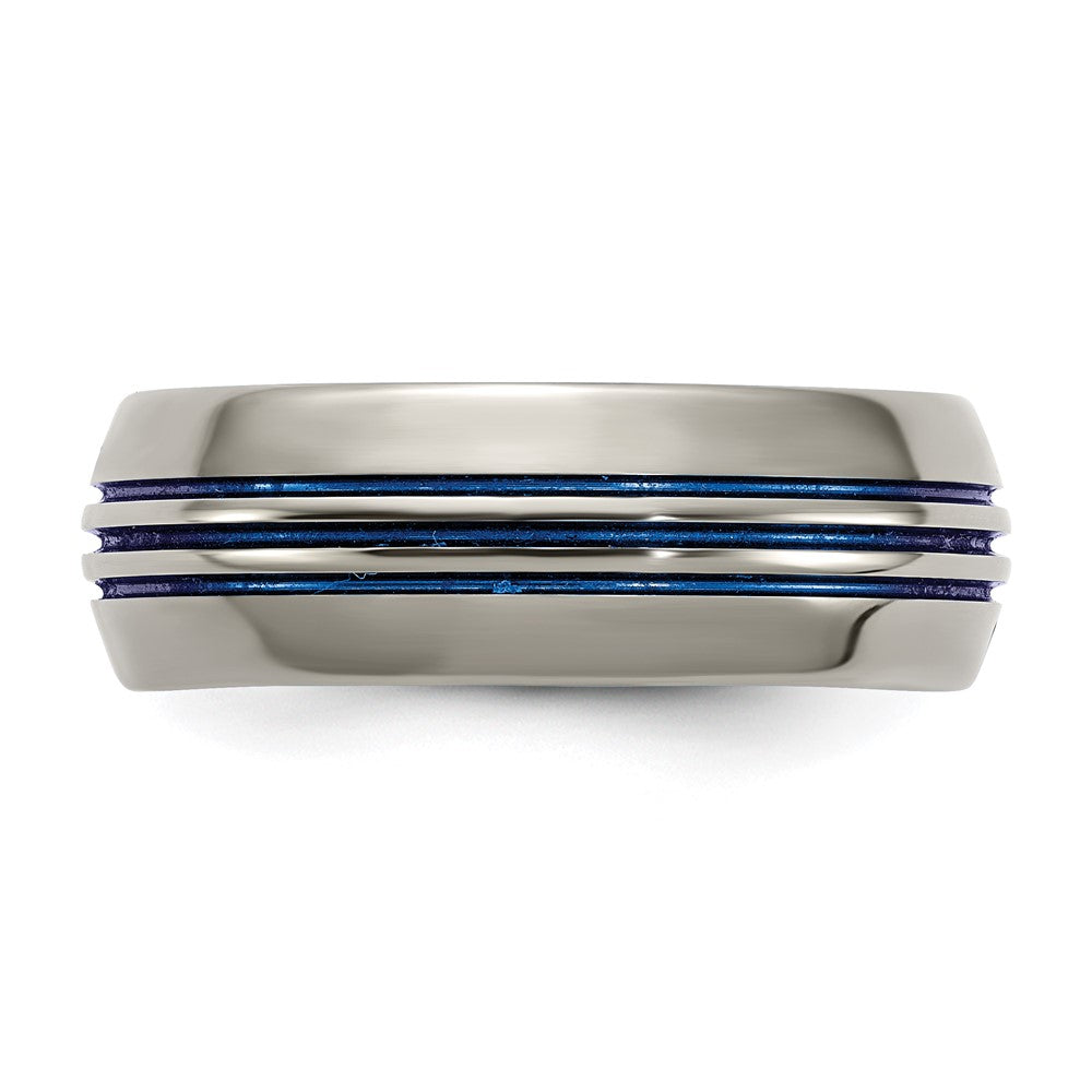Titanium Polished Blue Ip 8.5mm Triple Grooved Beveled Edge Band