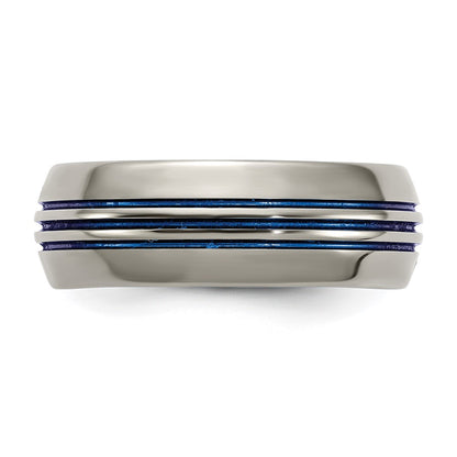 Titanium Polished Blue Ip 8.5mm Triple Grooved Beveled Edge Band