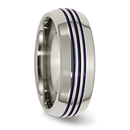 Titanium Polished Blue Ip 8.5mm Triple Grooved Beveled Edge Band