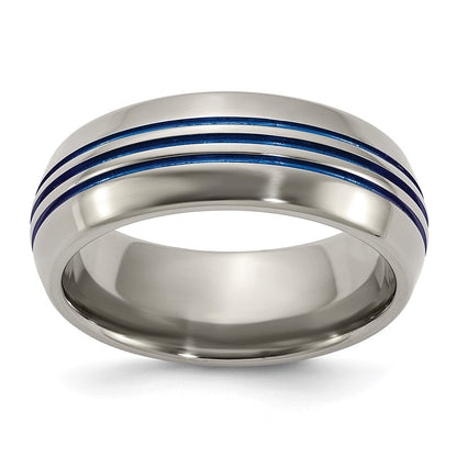 Titanium Polished Blue Ip 8.5mm Triple Grooved Beveled Edge Band