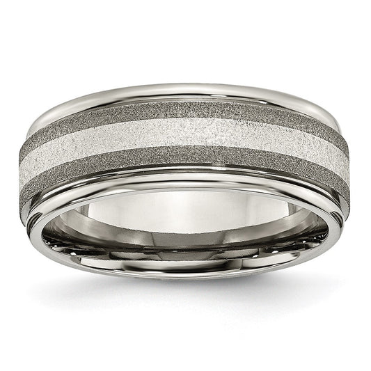 Titanium/Silver Two Tone Titanium Grooved Sterling Inlay 8mm Satin And Polished Band (Size 14.5 Only)
