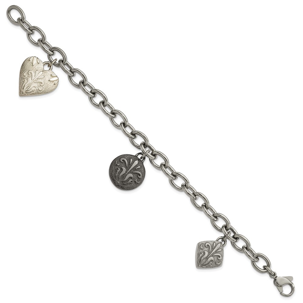 Titanium/Silver Two Tone Titanium & Sterling Silver Black Ti Polished Etched Charm Bracelet