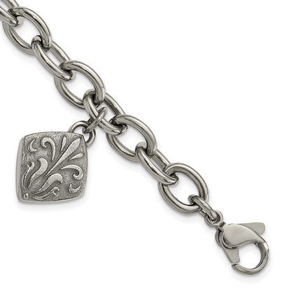 Titanium/Silver Two Tone Titanium & Sterling Silver Black Ti Polished Etched Charm Bracelet