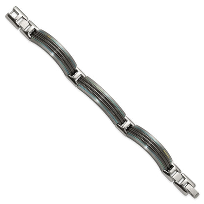 Titanium/Silver Two Tone Titanium Sterling Silver Black Ti Polished & Brushed Striped Link Bracelet