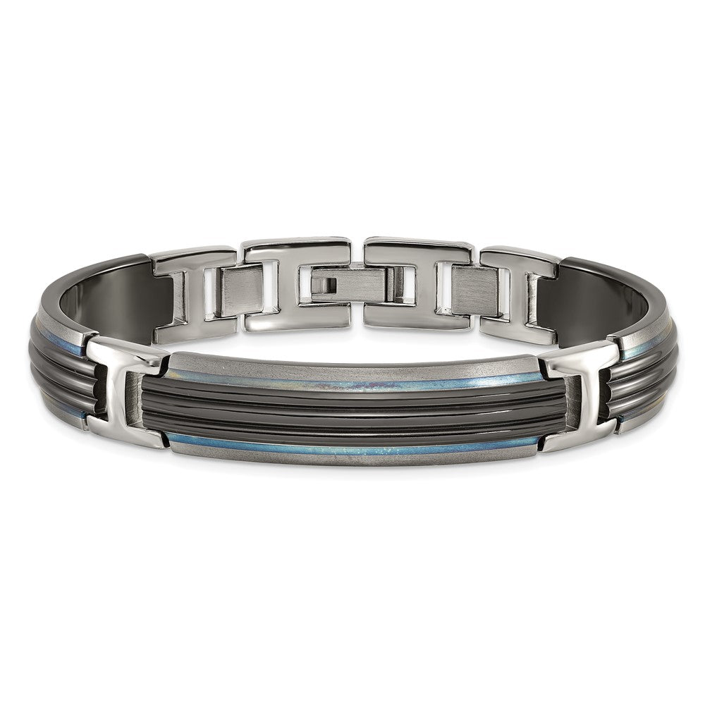 Titanium/Silver Two Tone Titanium Sterling Silver Black Ti Polished & Brushed Striped Link Bracelet