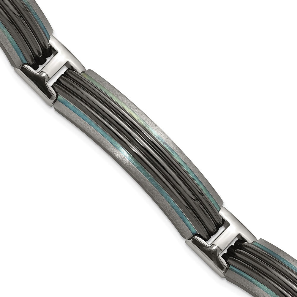 Titanium/Silver Two Tone Titanium Sterling Silver Black Ti Polished & Brushed Striped Link Bracelet