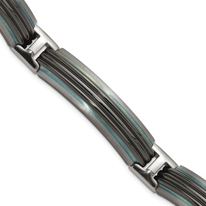 Titanium/Silver Two Tone Titanium Sterling Silver Black Ti Polished & Brushed Striped Link Bracelet