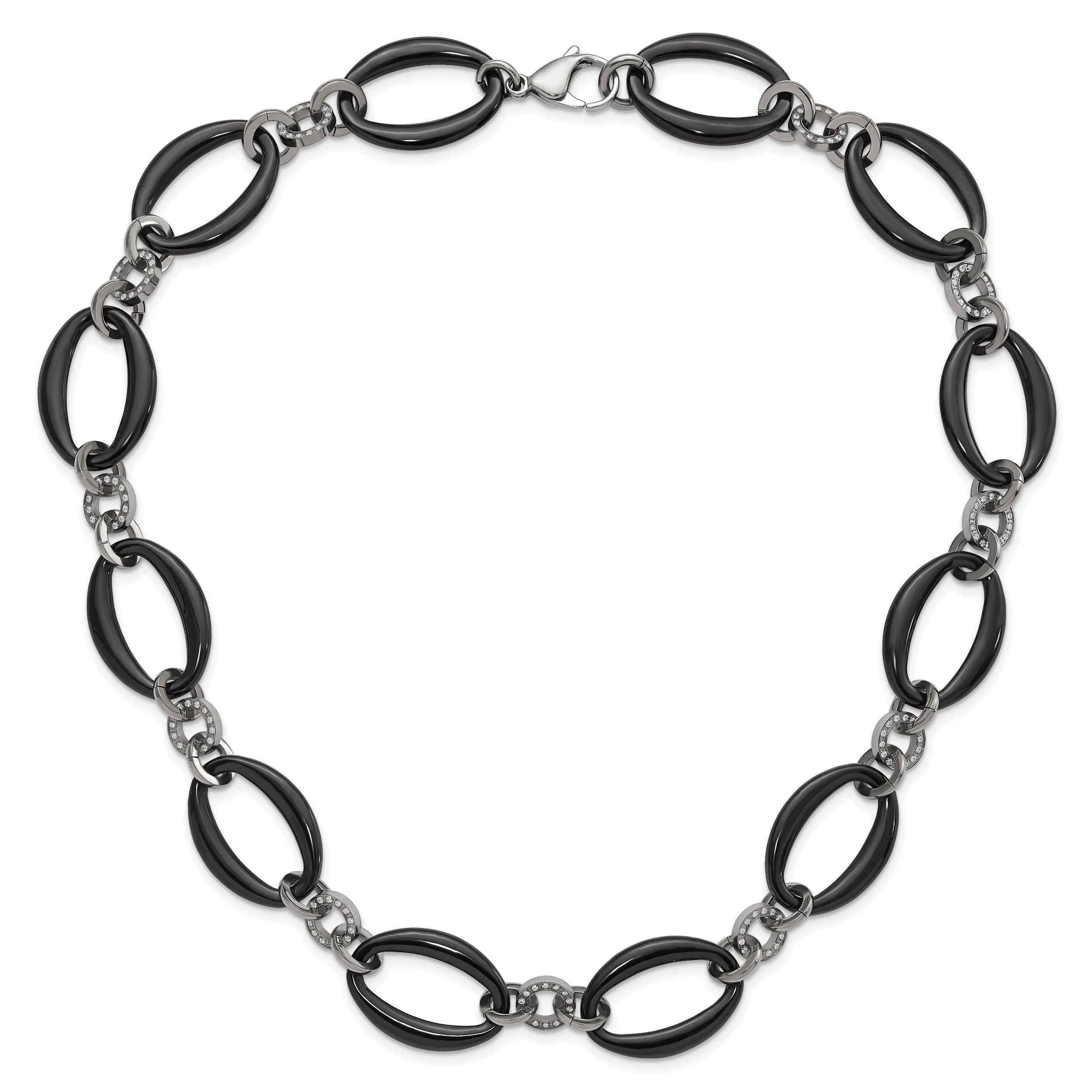Titanium Polished Black Ip Plated & Cz Oval Link Necklace