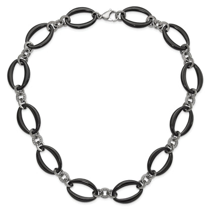 Titanium Polished Black Ip Plated & Cz Oval Link Necklace