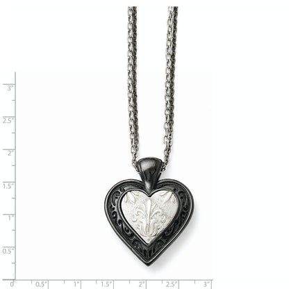 Titanium/Silver Two Tone Titanium/Ster.Sil Black Ti Polished Etched Heart 2 Chain Necklace