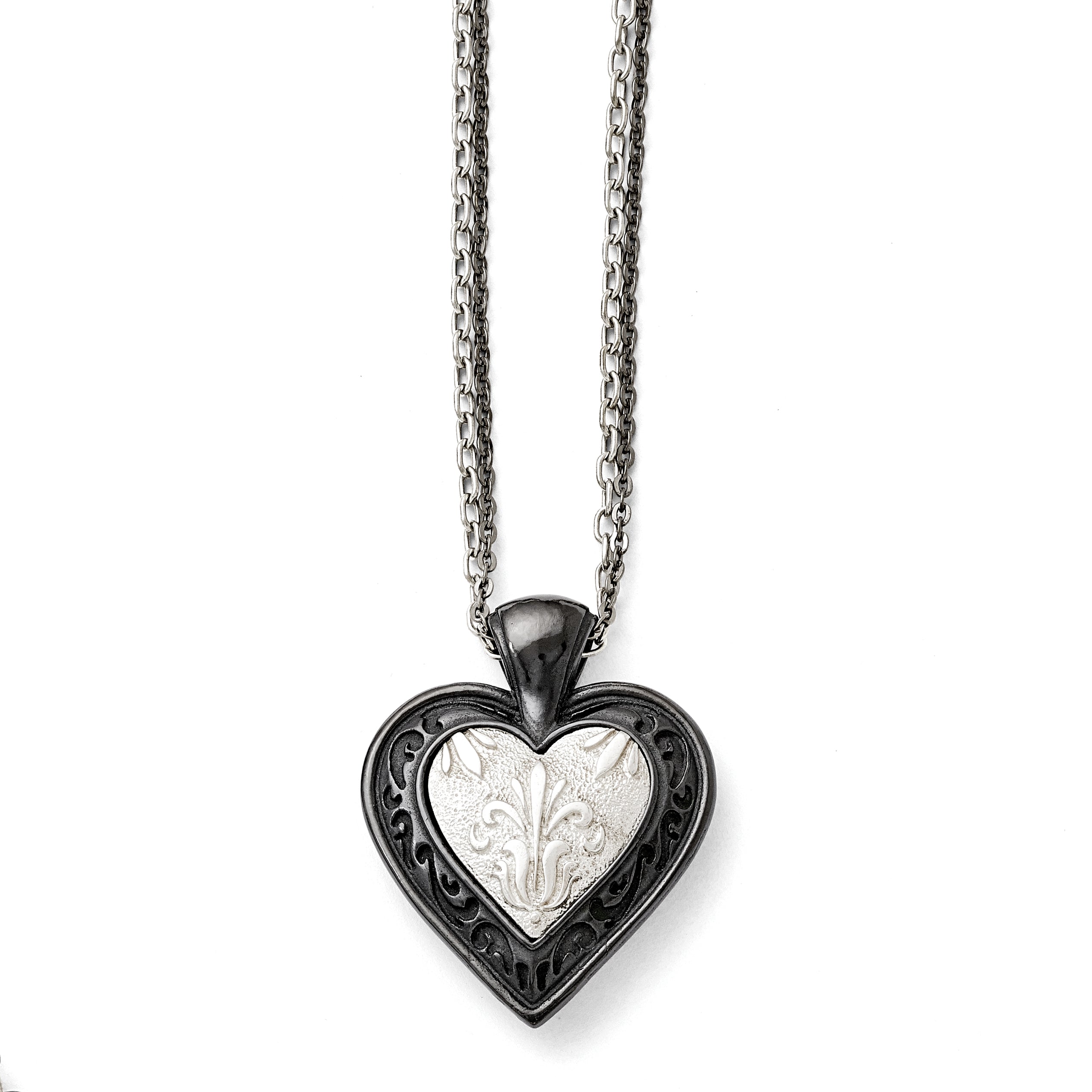 Titanium/Silver Two Tone Titanium/Ster.Sil Black Ti Polished Etched Heart 2 Chain Necklace