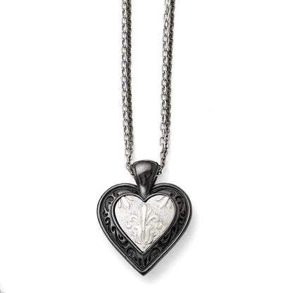 Titanium/Silver Two Tone Titanium/Ster.Sil Black Ti Polished Etched Heart 2 Chain Necklace