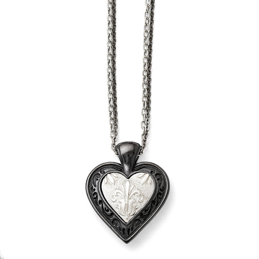 Titanium/Silver Two Tone Titanium/Ster.Sil Black Ti Polished Etched Heart 2 Chain Necklace