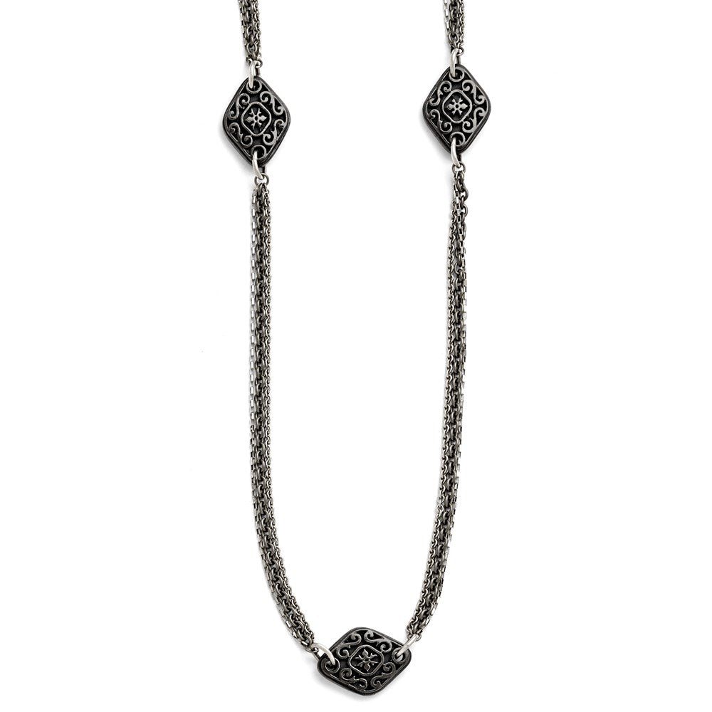 Titanium/Silver Two Tone Titanium/Ster.Sil Black Ti Polished Etched Charms Necklace