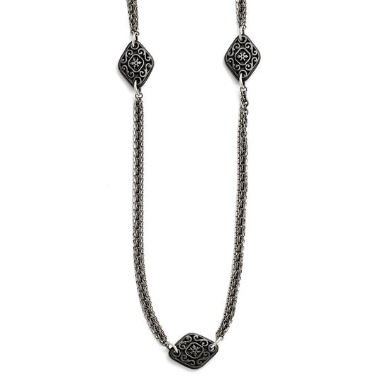 Titanium/Silver Two Tone Titanium/Ster.Sil Black Ti Polished Etched Charms Necklace