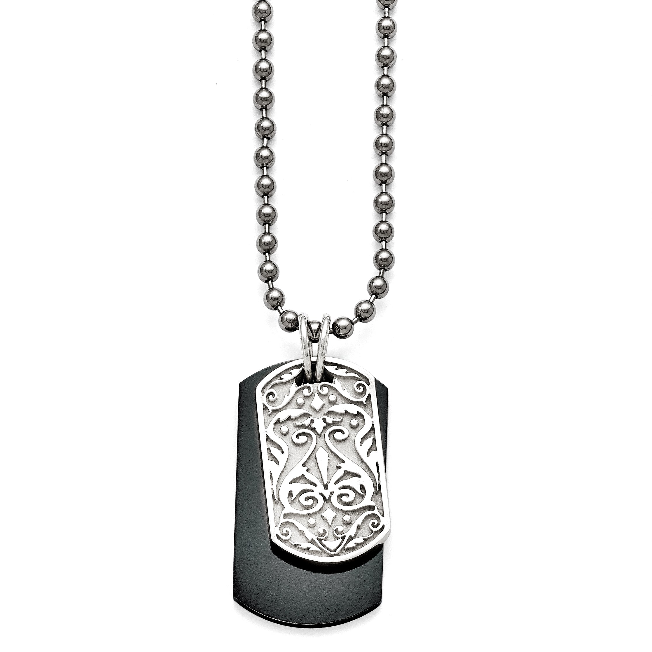 Titanium/Silver Two Tone Titanium/Ster.Sil Black Ti Polished Etched Dog Tag Necklace