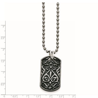Titanium/Silver Two Tone Titanium/Ster.Sil Black Ti Polished Etched Dog Tag Necklace