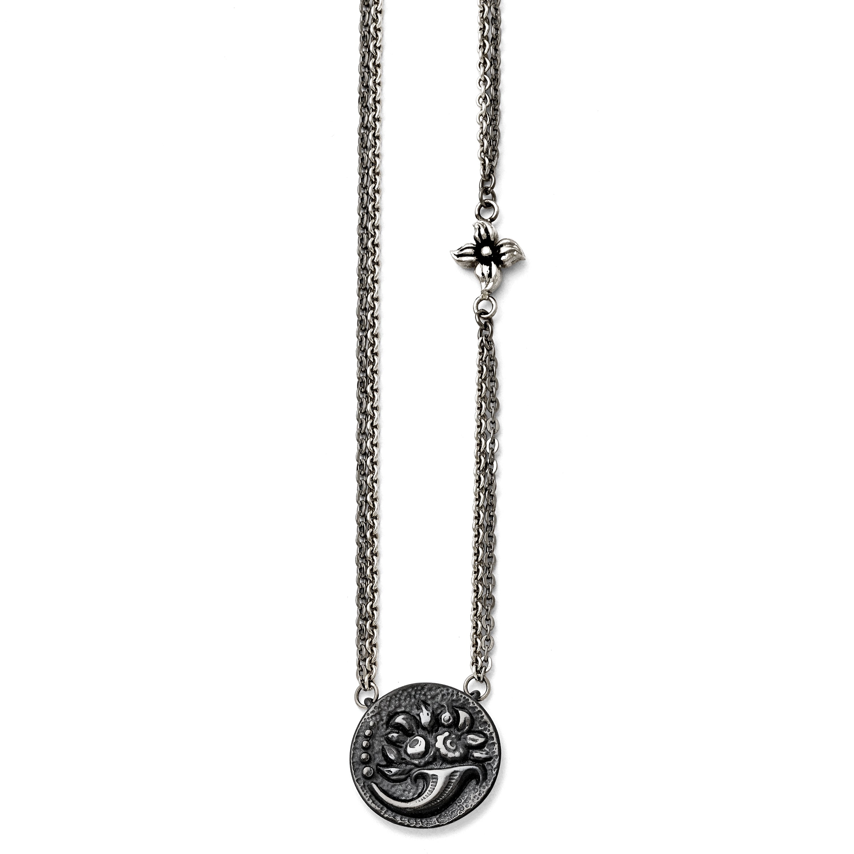 Titanium/Silver Two Tone Titanium/Ster.Sil Black Ti Polished Etched Floral Necklace