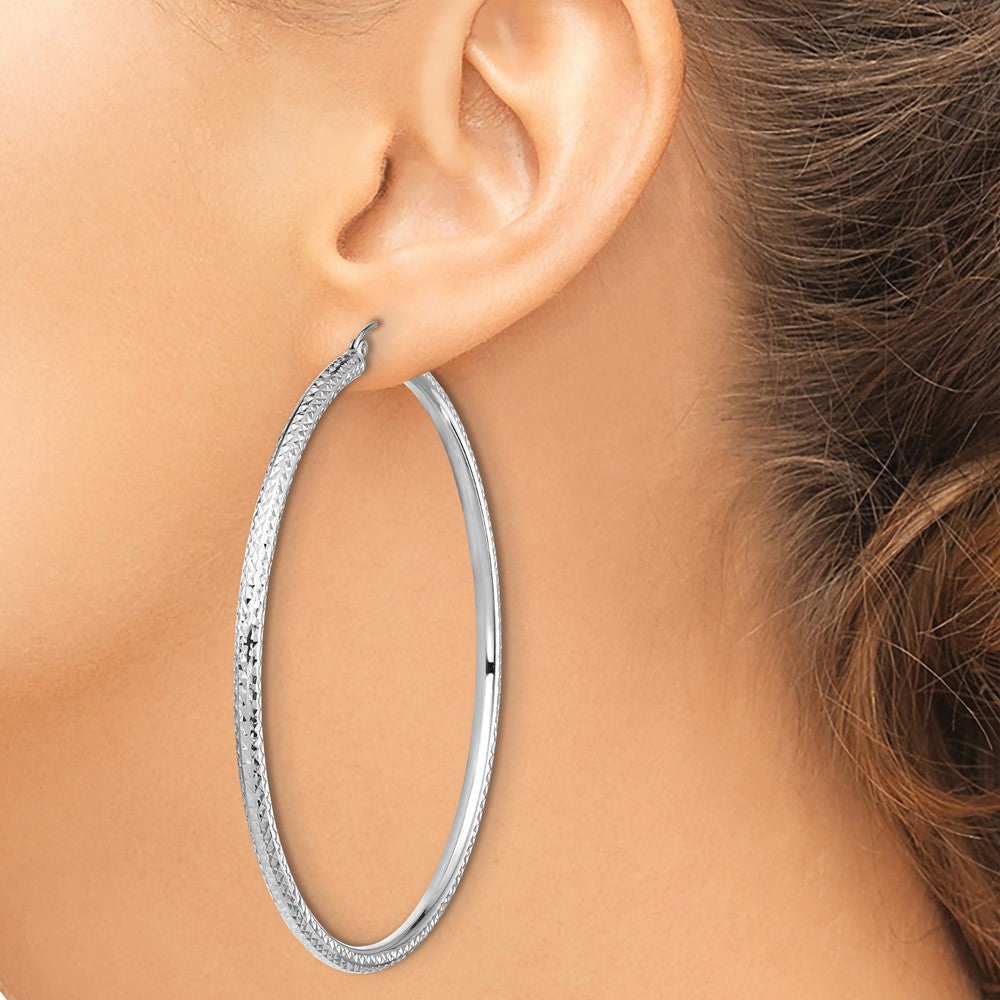 14K White Gold Lightweight 3mm Diamond-Cut Hoop Earrings