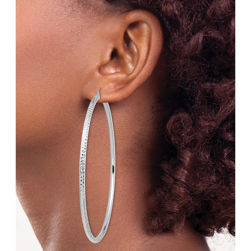 14K White Gold Lightweight 3mm Diamond-Cut Hoop Earrings