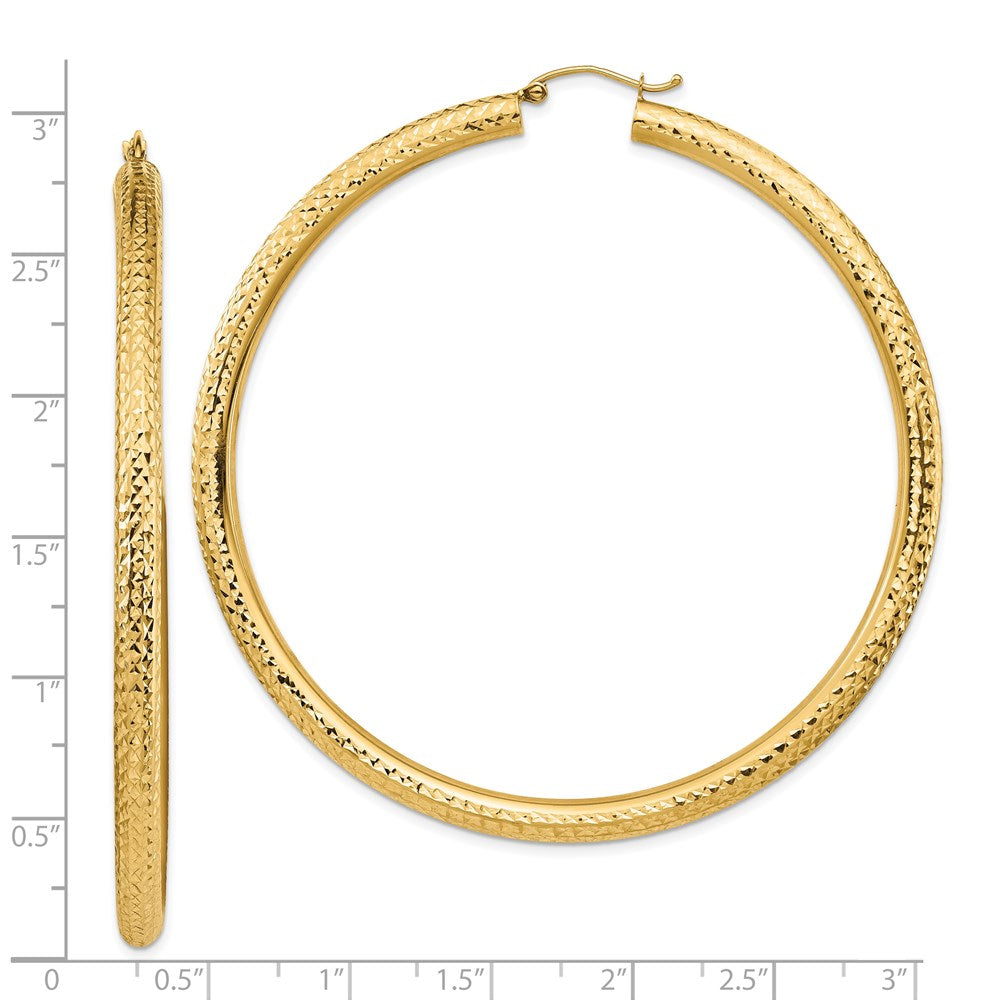 14K Yellow Gold Diamond-Cut 4X70mm Lightweight Round Tube Hoop Earrings