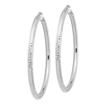 14K White Gold Diamond-Cut 4X70mm Lightweight Round Tube Hoop Earrings