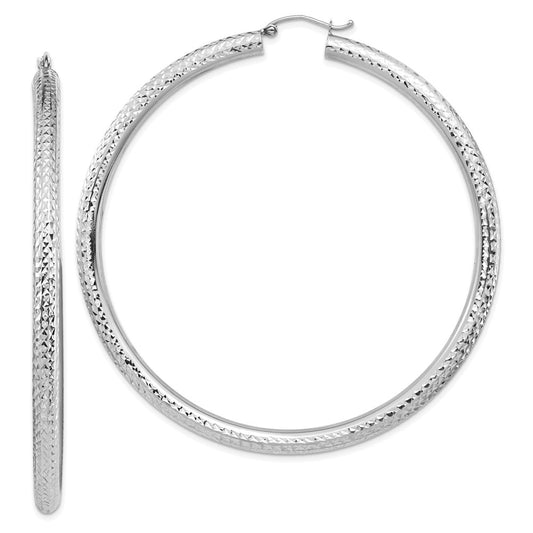 14K White Gold Diamond-Cut 4X70mm Lightweight Round Tube Hoop Earrings