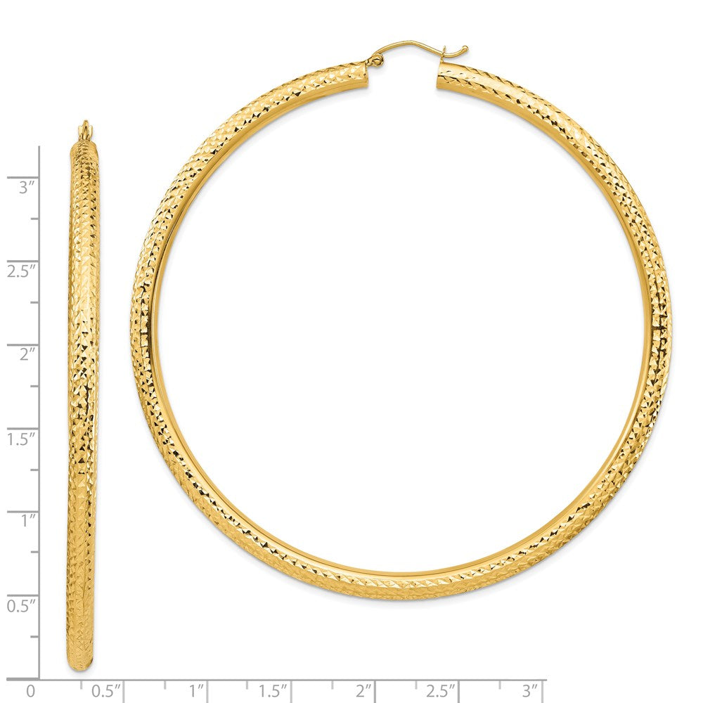 14K Yellow Gold Diamond-Cut 4X80mm Lightweight Round Tube Hoop Earrings