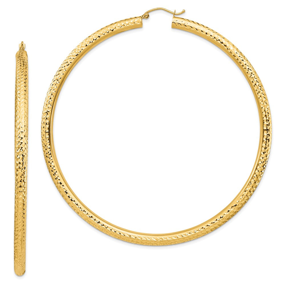 14K Yellow Gold Diamond-Cut 4X80mm Lightweight Round Tube Hoop Earrings