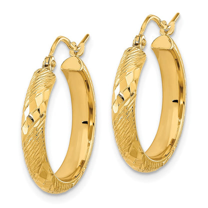 14K Yellow Gold Polished And Textured D/C Fancy Pattern Hoop Earrings