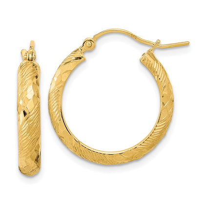 14K Yellow Gold Polished And Textured D/C Fancy Pattern Hoop Earrings