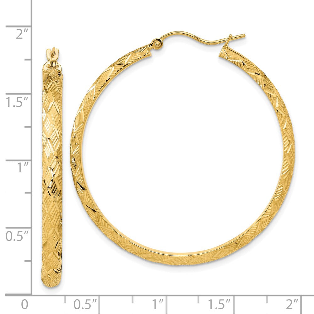 14K Yellow Gold Polished And Textured Fancy Diamond Cut Hoop Earrings