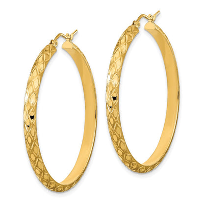 14K Yellow Gold Polished And Satin Diamond-Cut Diamond Pattern Hoop Earrings