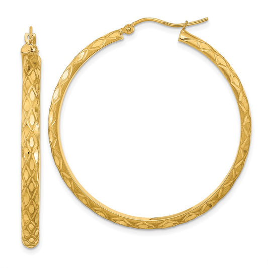 14K Yellow Gold Polished And Satin Diamond-Cut Diamond Pattern Hoop Earrings