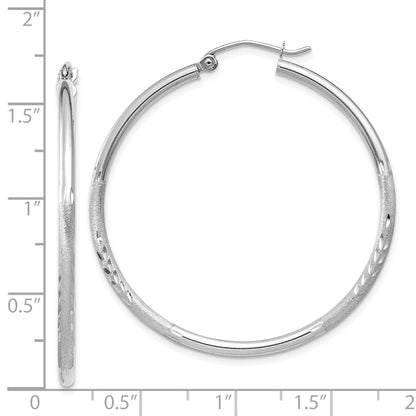 14K White Gold Satin And Diamond-Cut 2mm Round Hoop Earrings