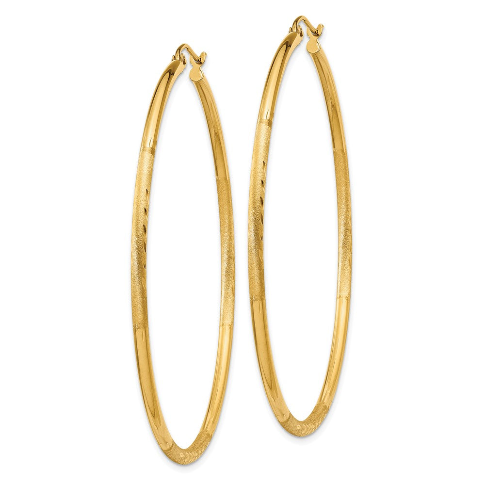 14K Yellow Gold Satin And Diamond-Cut 2mm Round Tube Hoop Earrings